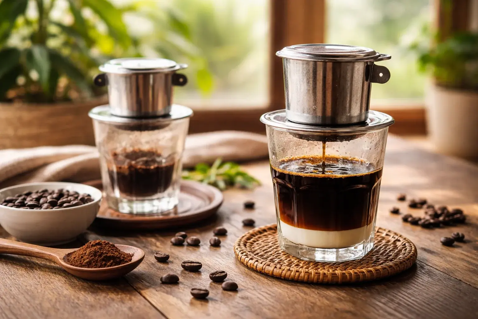 Guía de preparación paso a paso para lograr una receta de café vietnamita auténtica usando el filtro phin tradicional y leche condensada.